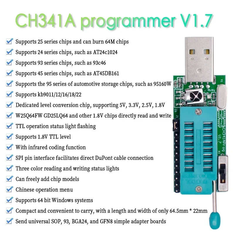 CH341A programmatore V1.7 1.8V Level Shift W25Q64FW W25Q128FW Gd25LQ64 CH341A programmatore V1.7 1.8V Level Shift W25Q64FW W25Q128FW