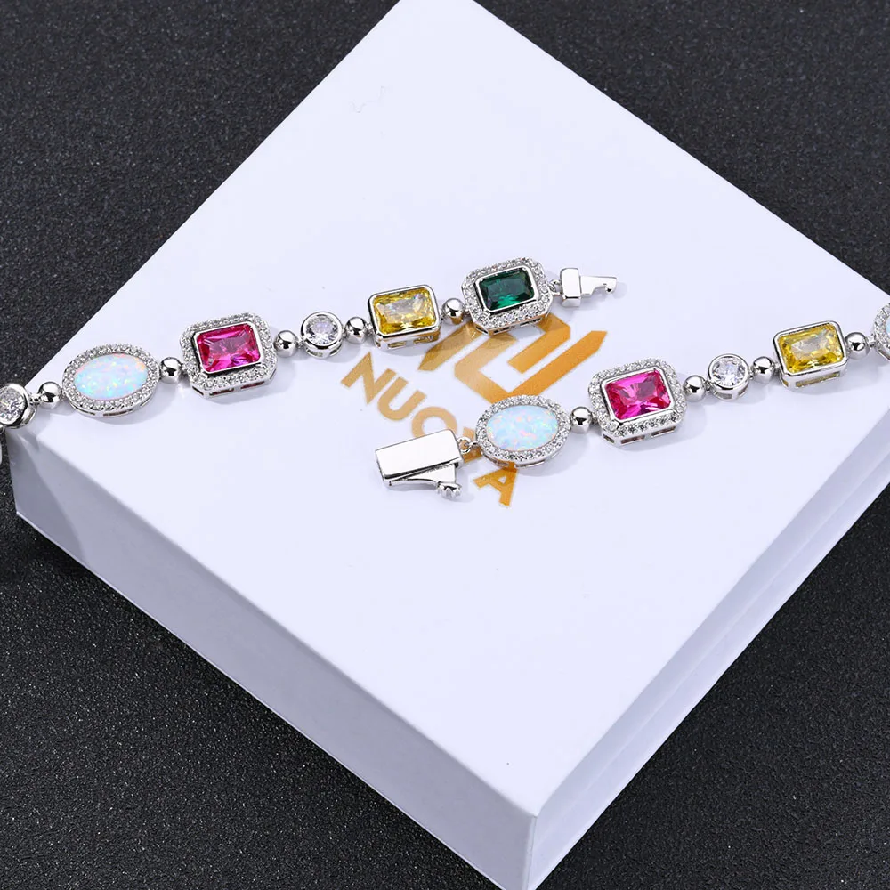 NUOYA Multi Colored Opal Geometric Women Bracelet 18k Gold Plated Diamond Accent Luxurious Hip Hop Boutique Jewelry 3