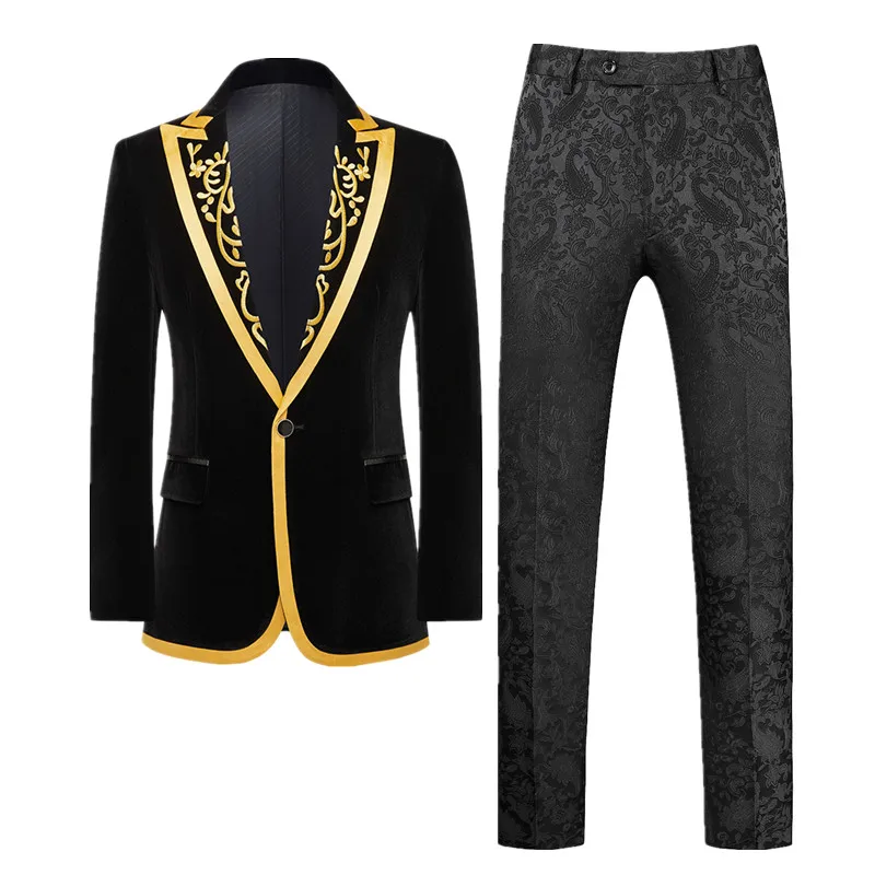 New Men Luxury Velvet Suit 2 Piece Classic Male Wedding Prom Party Stage Performance Patchwork Embroidered Blazers and Pants