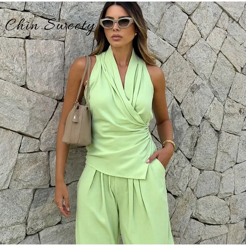 

Chic Pleated Vests Trousers Sets Women Green Sleeveless Ruched Tops Straight Wide Leg Pants 2025 Summer Lady High Street Suit