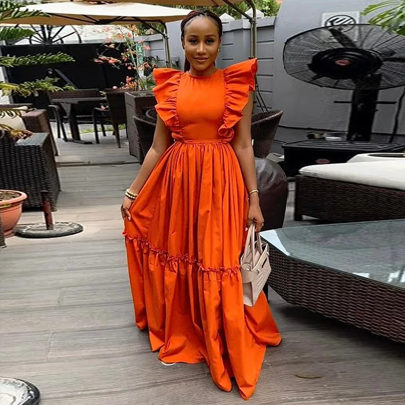 

New Summer Fashion Ruffled Short-sleeved Round Neck Party Dress for Women 2025 Holidays Casual Maxi Dress Slim Waist A Line Gown