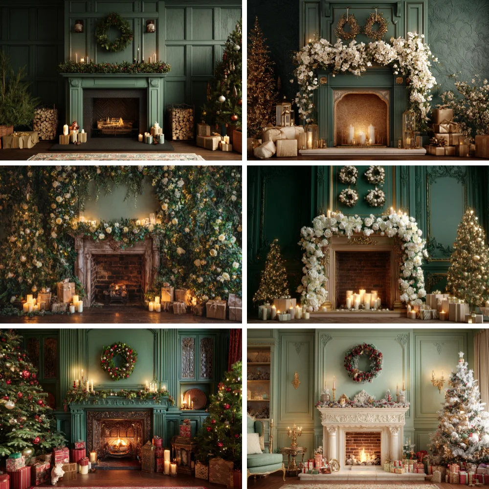 

Christmas Green Wall Photography Backdrops Fireplace Xmas Tree Gifts Pinecone Leaves Family Festive Party Background