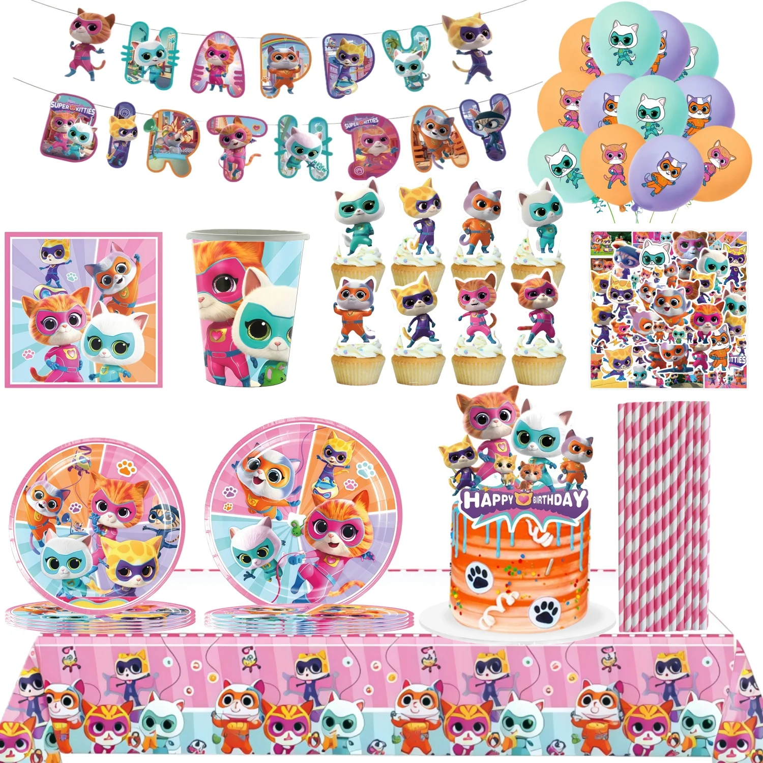 

Superkitties Birthday Party Decorations Disposable Tableware Tablecloth Cup Plate Napkins Baby Shower kids Party Favors Supplies