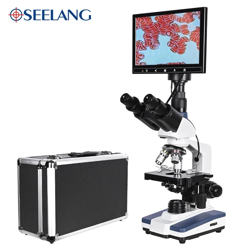 

Professional blood cells 5MP Digital Trinocular HD biological Lab Microscope USB LED + electronic eyepiece +9-inch LCD+Metal box