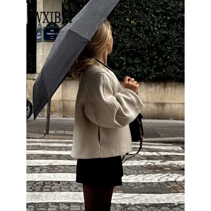 Veste en laine à col rond avec poches pour femme, manteau à manches longues, vêtements d'extérieur élégants, vêtements de trajet chics, 1 bouton, document monochrome, mode automne, 2024