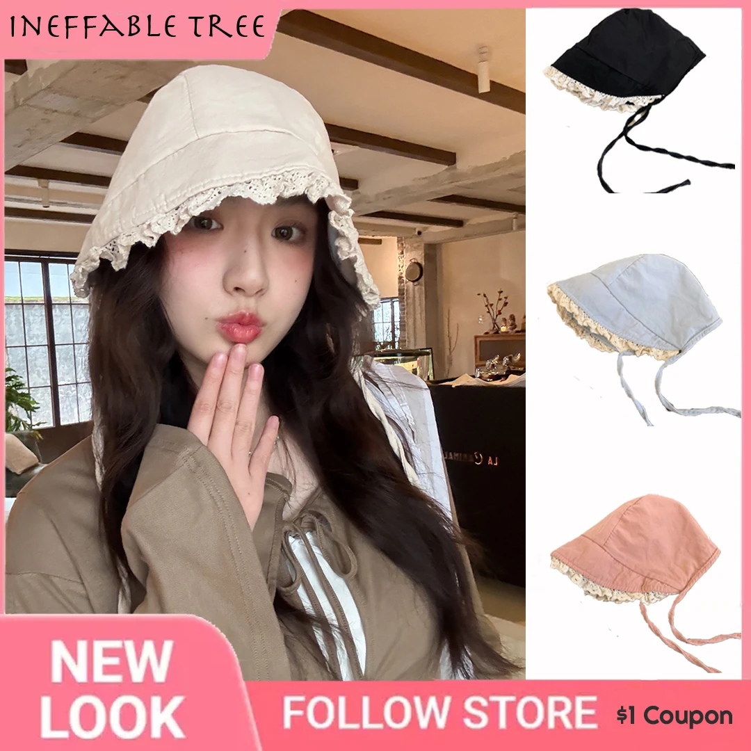 Y2K Retro Lace Edge Loli Bucket Hats for Women Summer Travel Seaside Vacation Versatile Sunscreen Sweet Strap Sun Hat Gorros