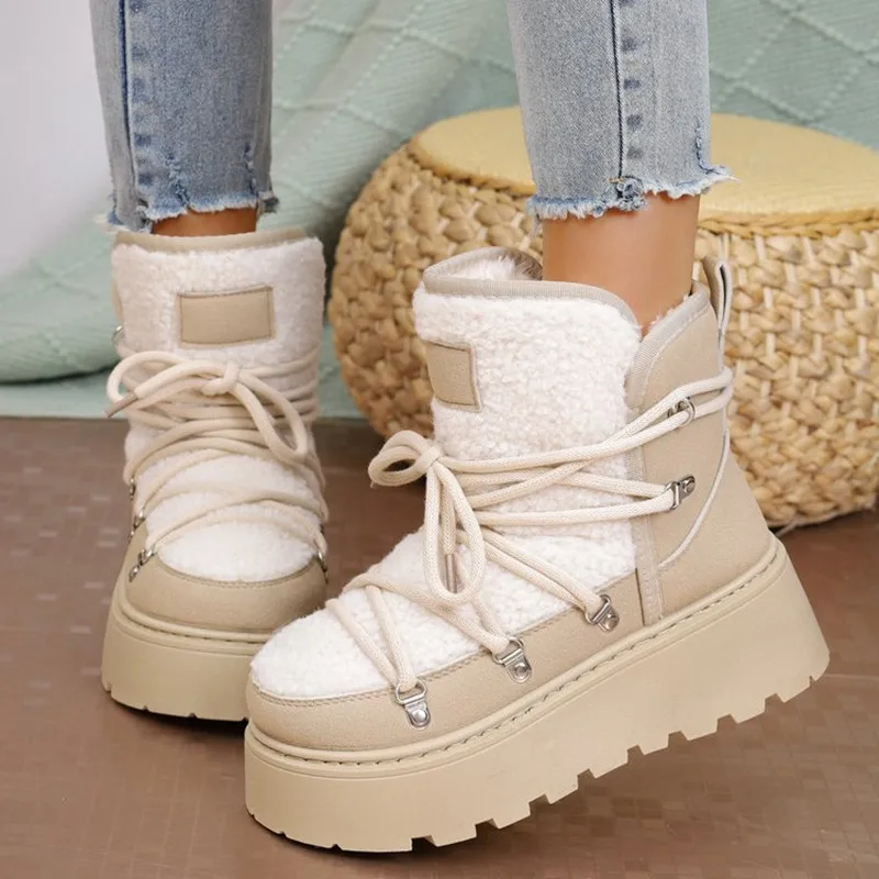 2025 ماركة الشتاء سميكة سوليد عبر التعادل الثلوج الأحذية سميكة منتصف طول الدافئة المرأة الدانتيل يصل تصميم لينة الدافئة أفخم حذاء من الجلد