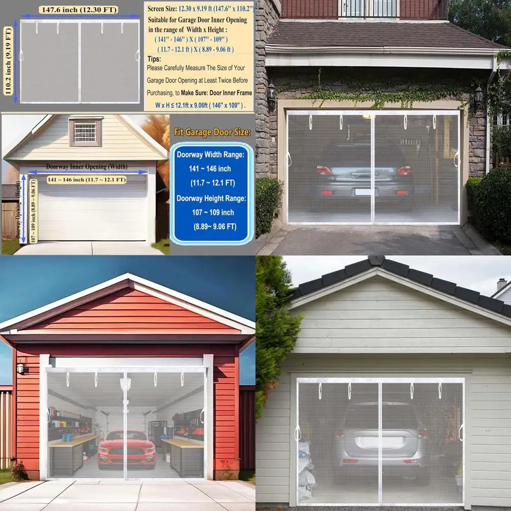 

Durable Fiberglass Screen for 1-Car Garage, 12x9ft, with Hook & Loop Fasteners and Powerful Magnets for Easy Installation