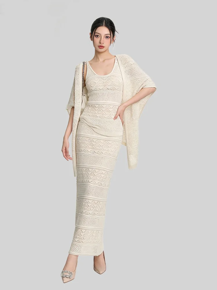 

Women's Knitted Hollow out Three-Piece Set V-Neck Shoulder Wrap Top Half-Skirt Summer Fashion Ensemble Breathable Casual Wear
