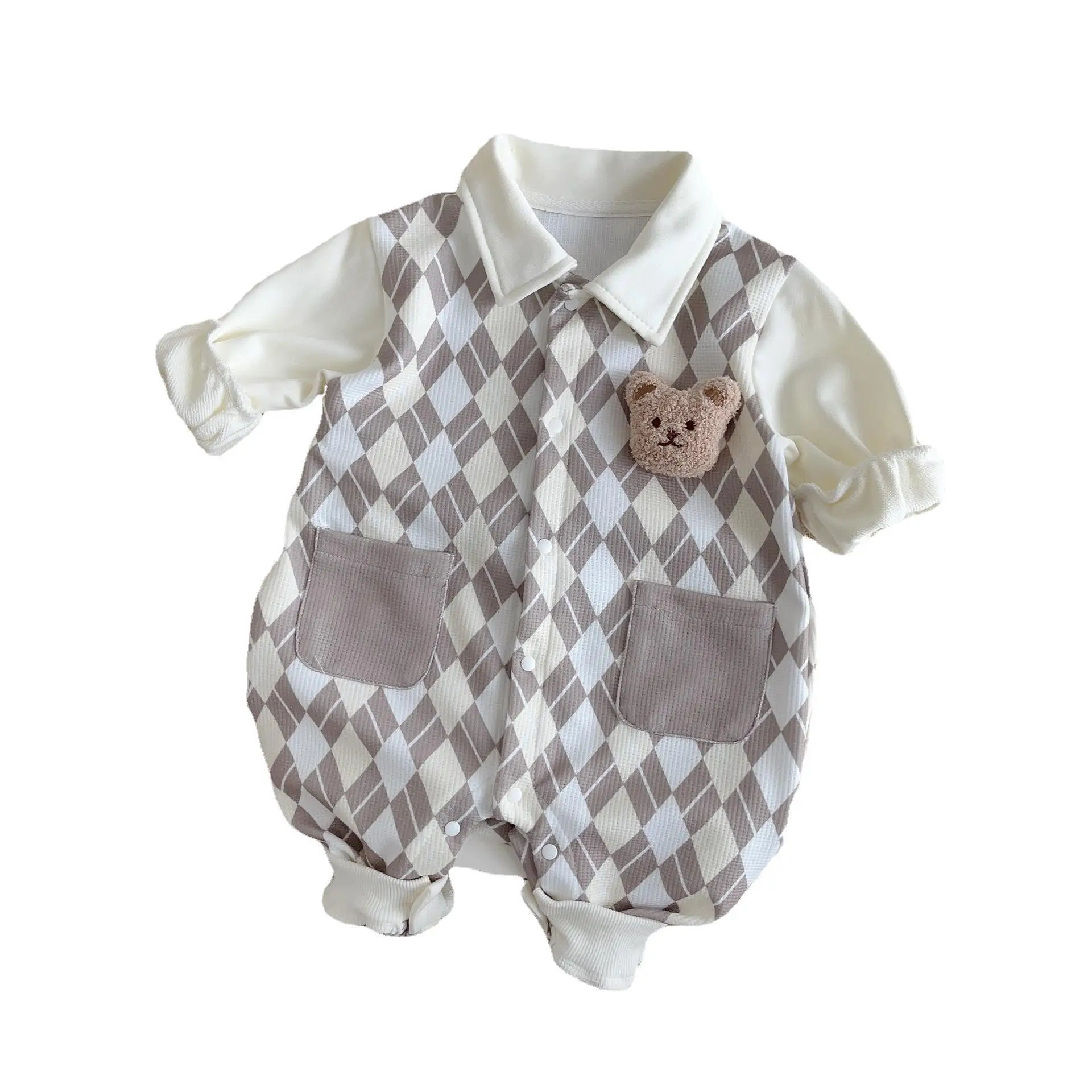 2023 Autumn New In Infant Baby Boys Full Sleeve Plaid Bear Single-breasted Outwear Newborn Kids Jumpsuits Toddler Romper 0-24M