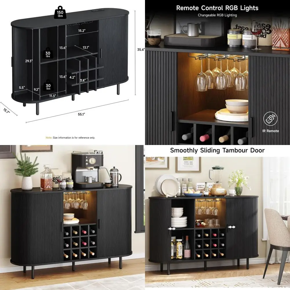 

LED-Illuminated 55 Wine Cabinet with Liquor and Coffee Station, Storage Sideboard for Living Room, Kitchen, or Entryway (Black)