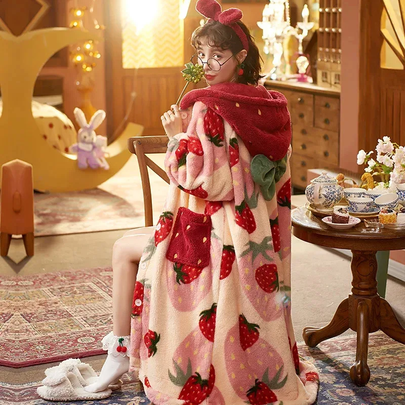

2023 Winter Pajamas For Women Cartoon Hooded Long Robe Jacket Cute Home Wear Sleepwear Kawaii Flannel Warm Comfy Lounge Bathrobe
