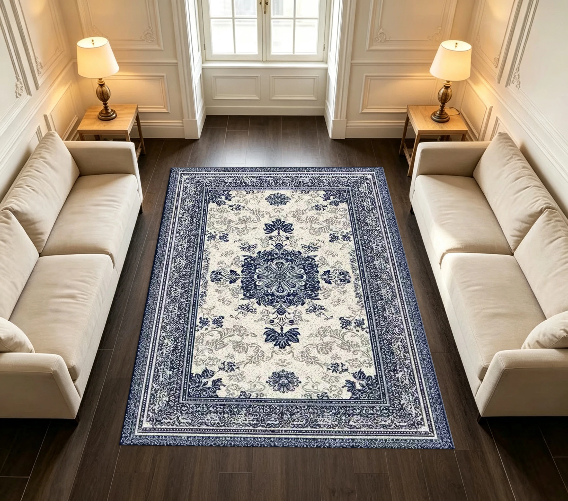 Vintage Blue and White Medal Floral Pattern Oriental Style Non-Slip Carpet Living Room Home Carpet