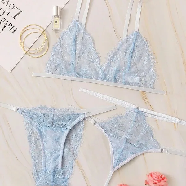 Sexy Lingerie Light Blue Mesh Lace Double Erotic Panties Amazon Hot Selling Women Sexy Underwear Erotic Costume Lingerie Set Exo