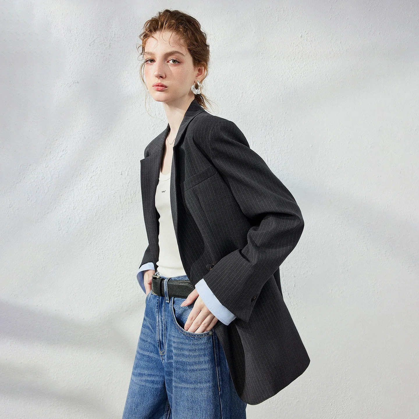 TOYOUTH Women Blazer 2026 Autumn New Stripe Back Tie Design Color Block Fake Two Piece Commuter Outerwear