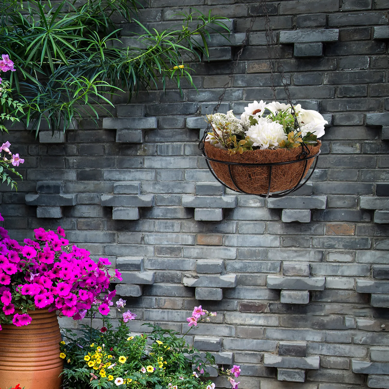 

Artificial Hanging Flower Basket Coconuts Lining Silk Flowers Wall Ornament Home Decoration Fake Hanging Plants Outdoor Indoor