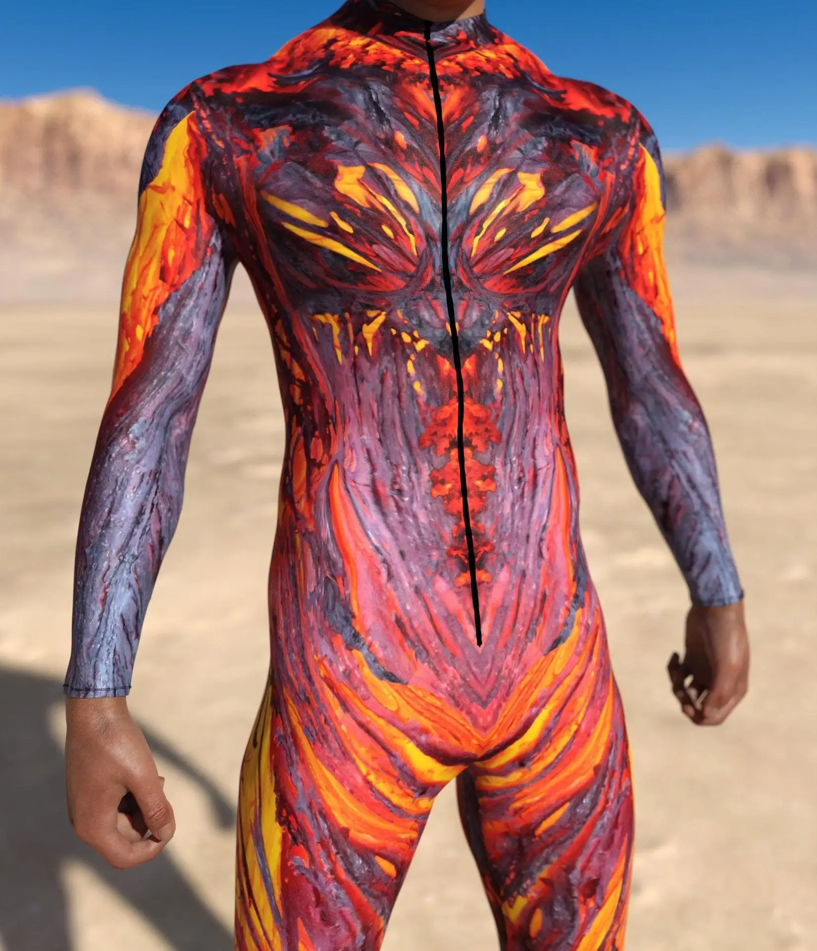 Mehrfarbiger Digitaldruck-Jumpsuit für Damen, Cosplay, Halloween, Karneval, Kostümparty, Performance, Reißverschluss, elastischer, schmaler Bodysuit – Detail 7