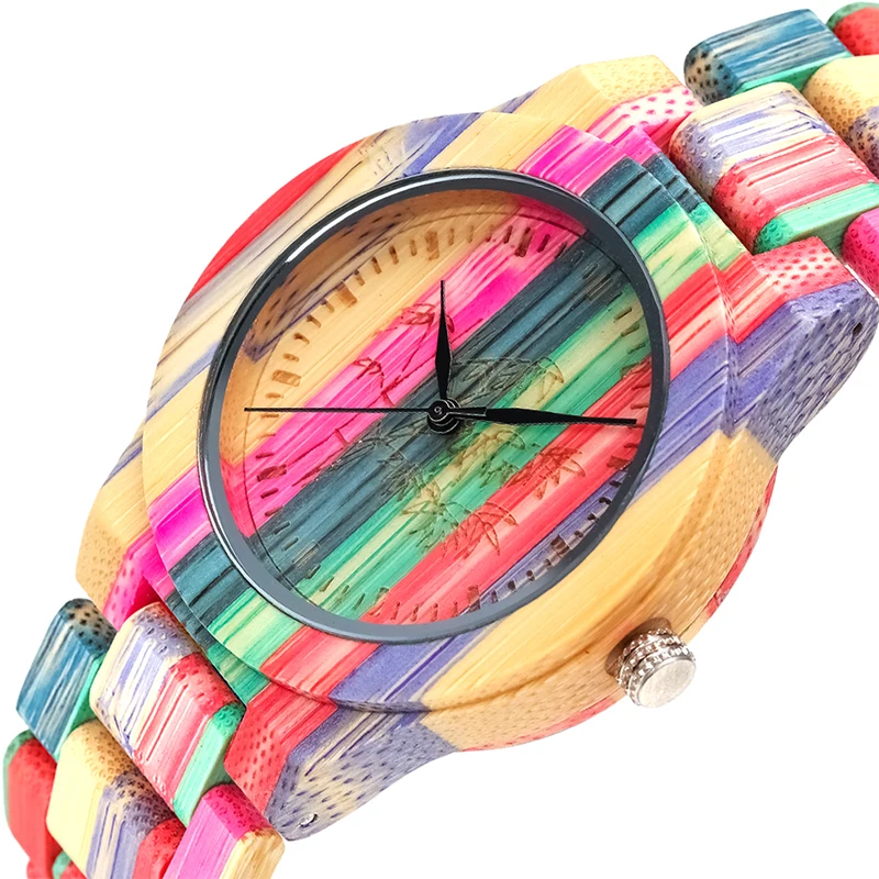 Colorful Bamboo Quartz Ladies Wooden Watch Bamboo Pattern Dial Design Colorful Wooden Strap Women\'s Wristwwatch Clock Gift D8196