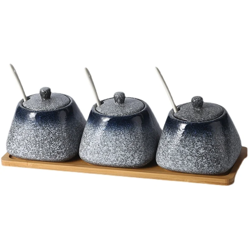 Japanese Style Vintage Ceramic Spice Jar Combination Set Kitchen Salt Spice Box with Lid Pepper Sugar Jar Food Kitchen Utensils