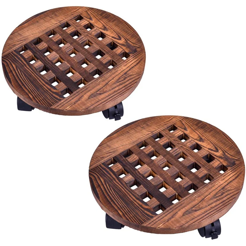 2PCS 12 Inch Rolling Wooden Planter Caddy Potted Plant Stand With Wheels Round Flower Pot Rack Indoor Planter Trolley