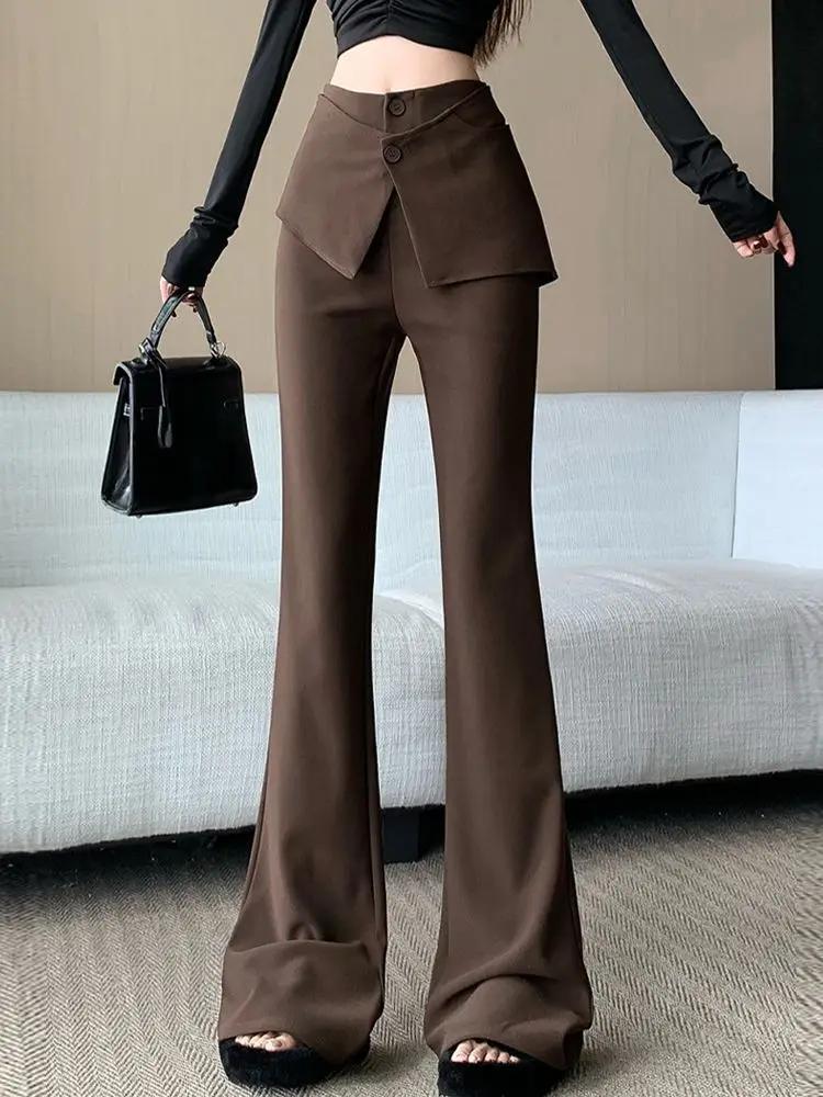 

Design sense fake two-piece splicing micro flare pants women's autumn new fashion high waist slim fit casual pants
