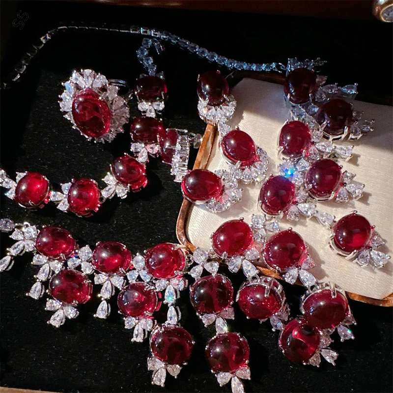 Luxury Noble Red Gemstone Zircon Jewelry Sets 4 Pieces Pomegranate Seed Flower Open Ring Bracelet Chain Necklace Earrings