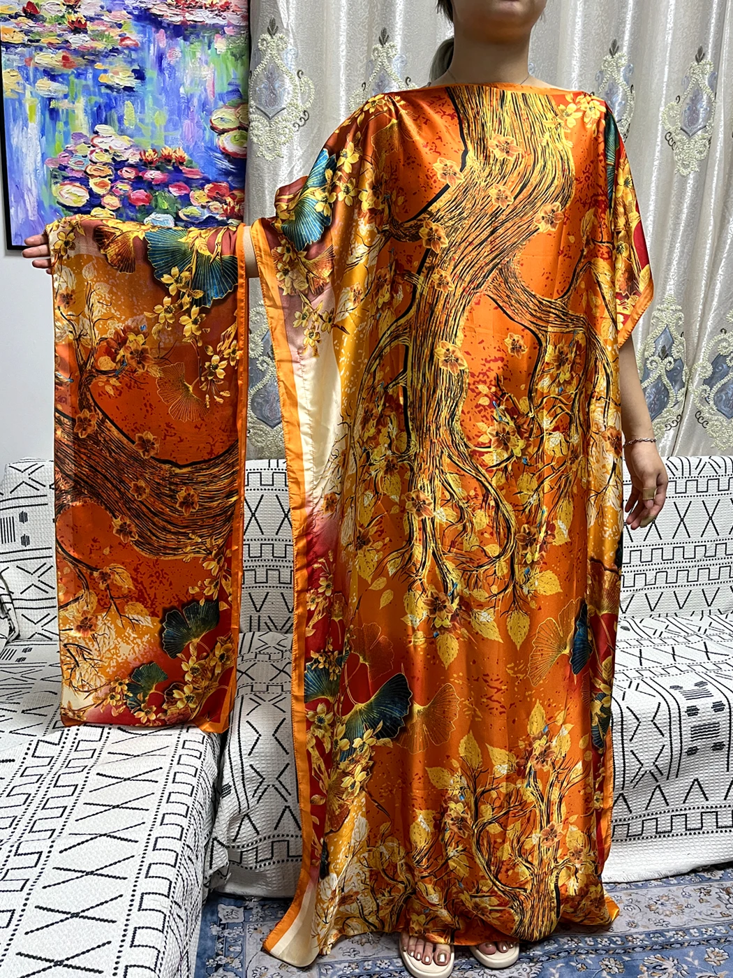 Muslim Silk Abayas For Women 2023 Summer Printed Leaf Pattern Loose Femme Robe African Nigeria Evening Patry Dresses With Turban