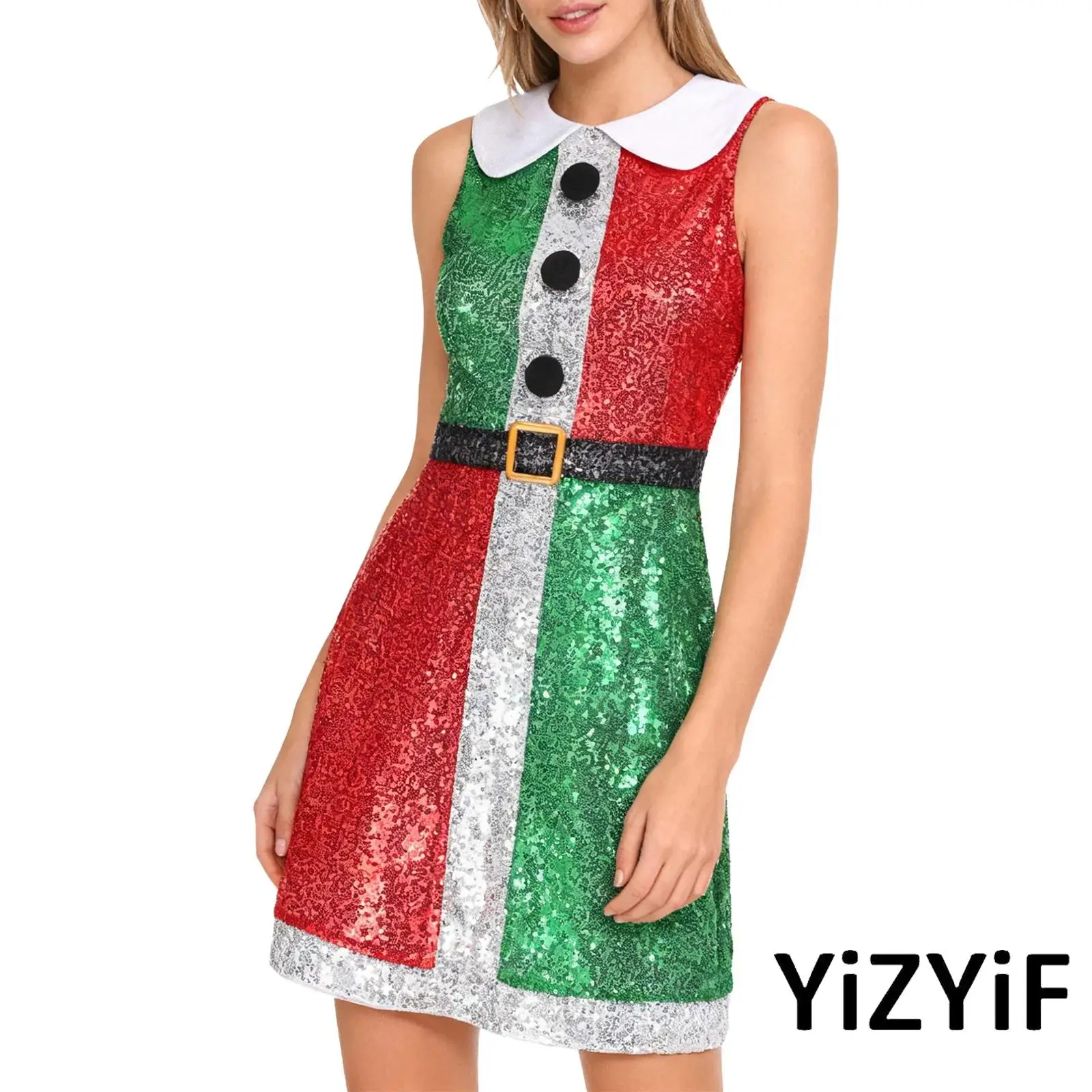 

Womens Christmas Dress Sparkly Sequins Color Block Turn Down Collar Sleeveless Dress for Xmas Parties Santa Elf Cosplay