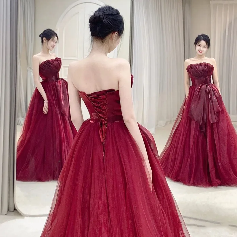 Elegant Celebrity Dress Burgundy Strapless Tulle Bow Pleated Ribbon Temperament Floor-length Women Evening Party Gowns High-end