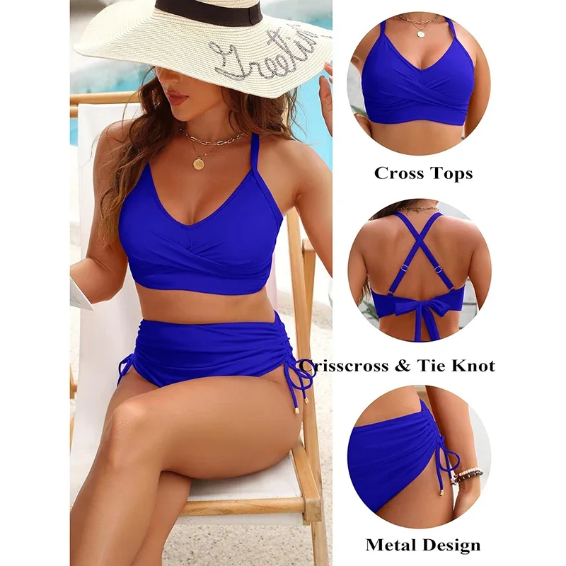 

Women's High Waisted Bikini Sets Sexy Split Side Drawstring Two Piece Swimsuit Beachwear Brazilian Biquini Female Bathing Suits