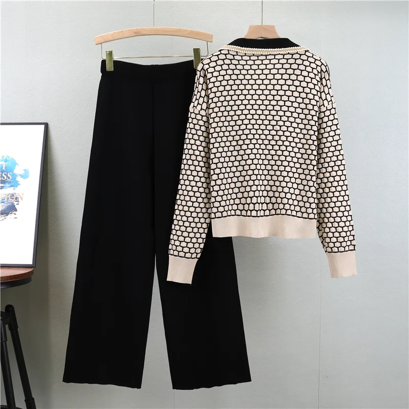 Autumn Winter Women Long Sleeve Contrast Color V Neck Pullover Sweater High Waist Loose Wide Leg Pants Knit Two Piece Set