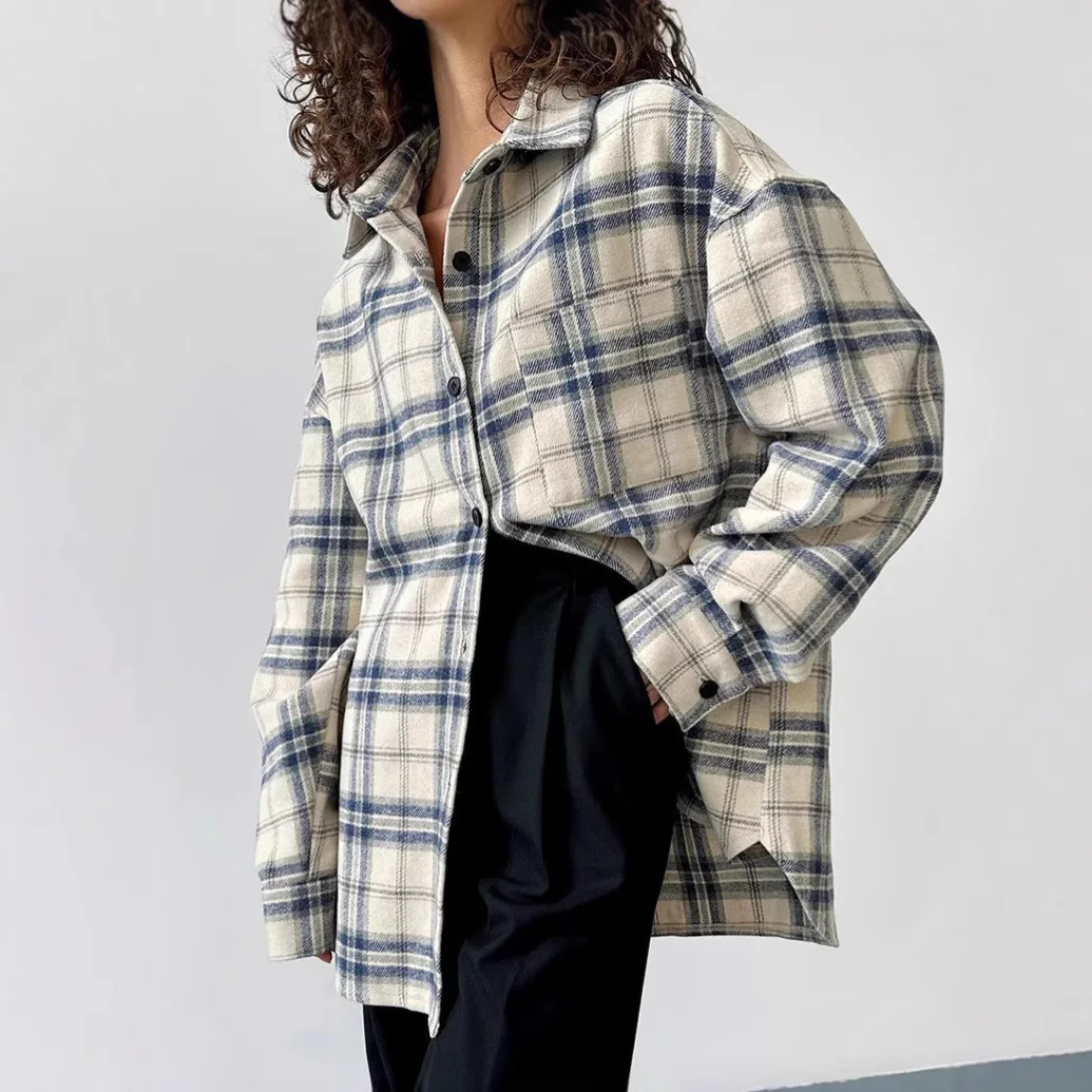 

Retro Lazy Loose Plaid Shirt Women's 2026 Spring and Autumn Design Sense Oversize Outer Long-sleeved Shirt Women's Clothing