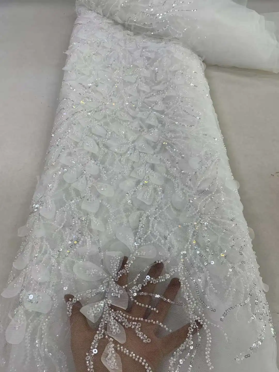 5 Yards Luxury High-end Beaded Fabric Heavy Sequins Embroidery Fabric Fashion French Tulle Mesh Lace Fabric for Wedding ZX65KM-2