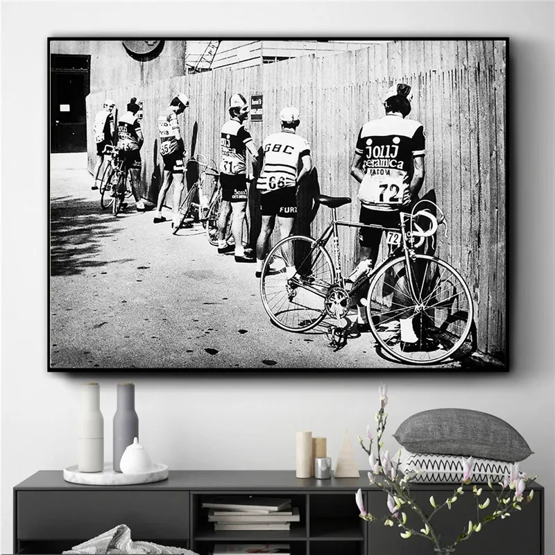 Black and White Bicycle Cyclist Bike Vintage Canvas Painting Poster Gift for Bathroom Decor Men Peeing Pissing Road Wall Decor