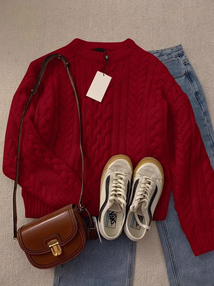 

Утепленный вязаный свитер с узором «косы» для женщин, осенне-зимний, модный, для ношения под одеждой, в стиле «ленивый шик», премиум-класса, красный цвет, новогодний топ