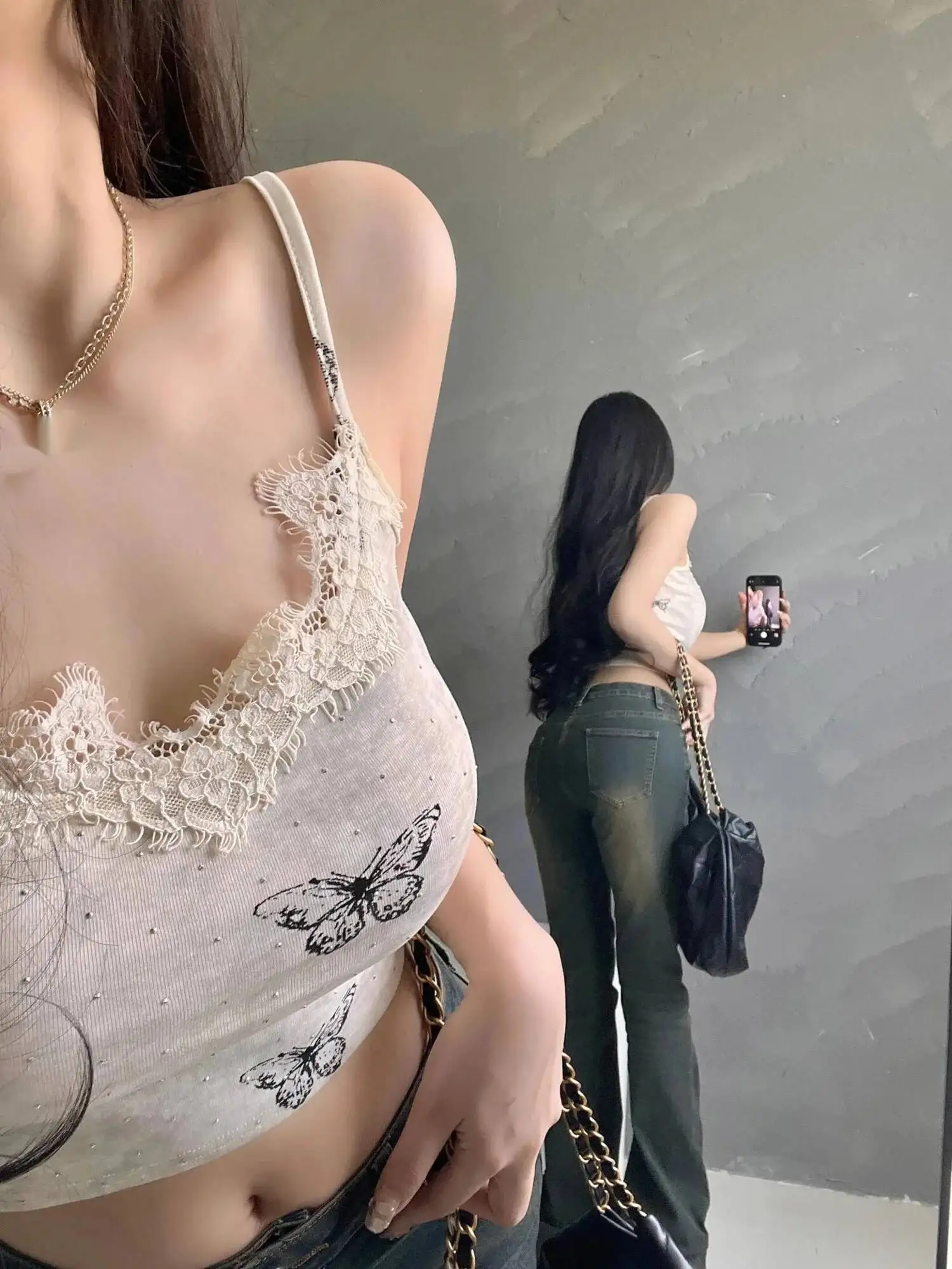 Pure Desire Hot Girl Lace Splicing Strap Vest Women's Summer Short Butterfly Printed Top Fashion Tank Tops Butterfly 2025 B7UD