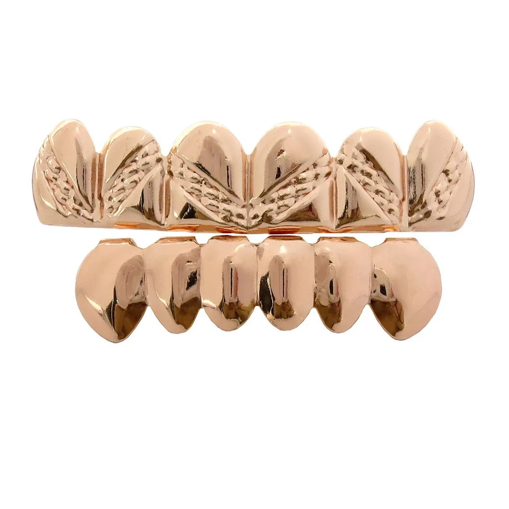 Wholesale Glossy Hip Hop Grillz Gold Diagonal Brushed Engraved Top Bottom Removable Rapper Copper Teeth Dropshipping