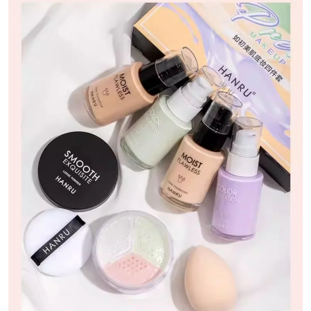 Juego de 4 piezas de maquillaje, polvo suelto exquisito, húmedo, base líquida impecable, imprimación, brillo de larga duración, Cosméticos de maquillaje