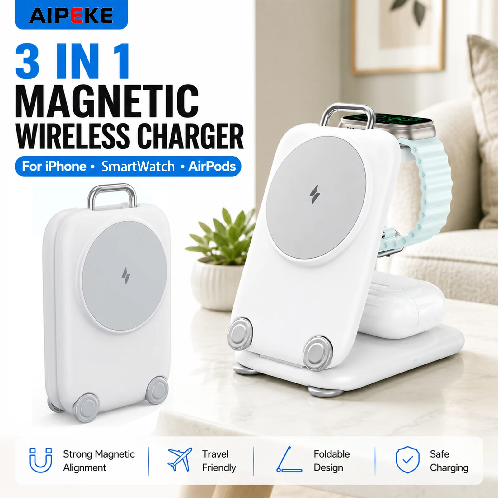 AIPEKE Caricatore pieghevole 3 in 1 Caricatore wireless Stazione di ricarica magnetica Supporto di ricarica rapida da 15 W per caricabatterie MagSafe IPhone Compatibile con IPhone 12-17/18 Per