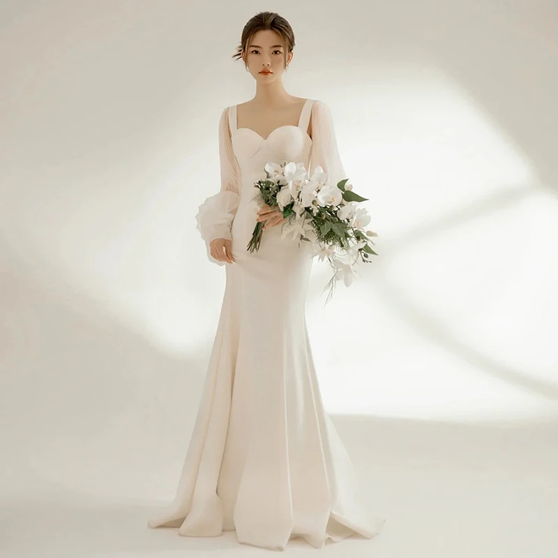 

Ele Satin Wedding Dr Long Sve Outfit Slimming Korean Sle Bridal Gown with Welcome Ceremony Small Gift for Women