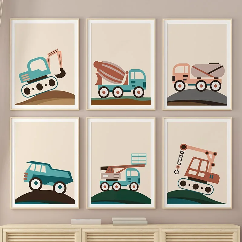 Child Poster Cartoon Tractor Truck Excavator Crane Canvas Painting Nursery Wall Art Print Nordic Wall Pictures Boys Room Decor