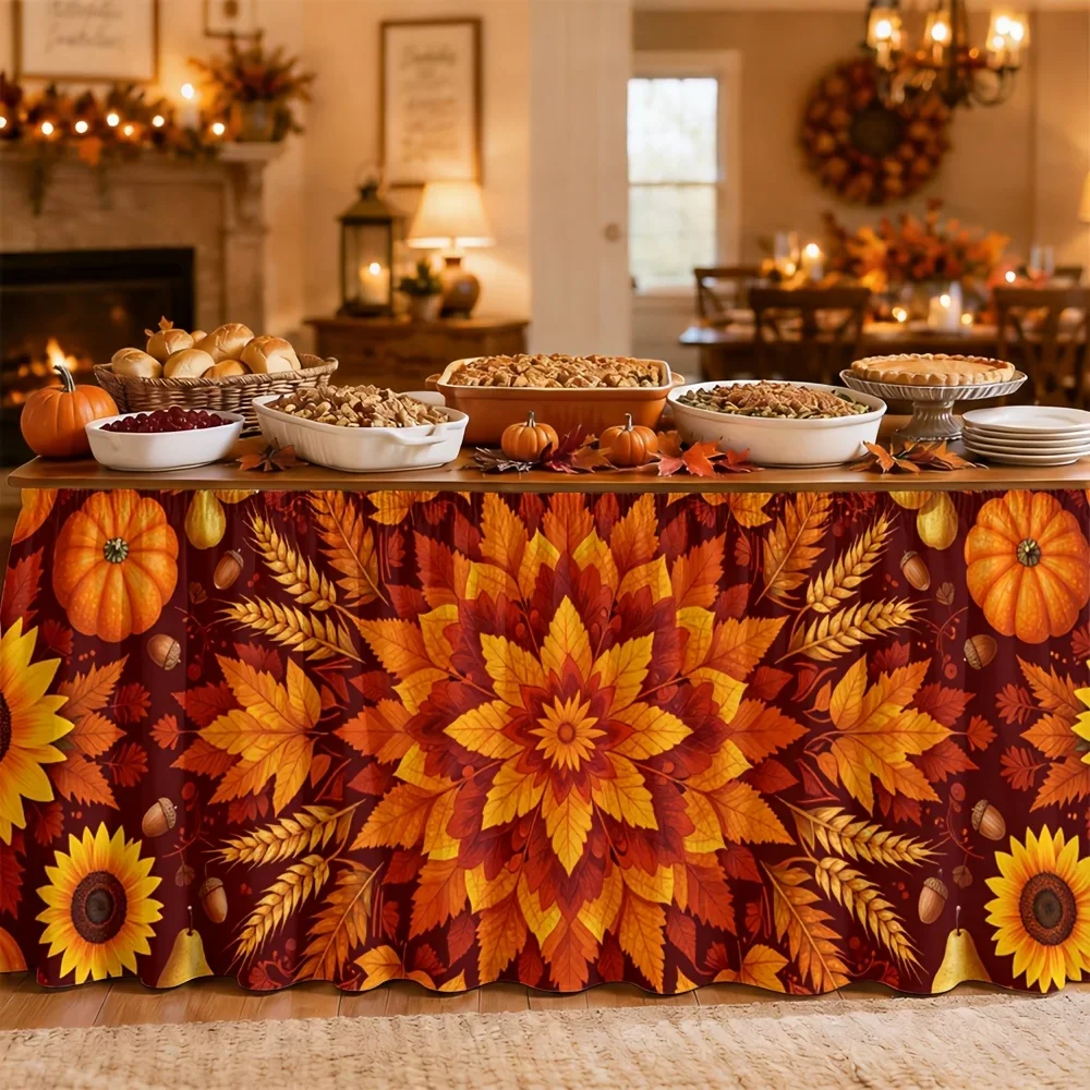 One table skirt. Autumn harvest table skirt. Printed polyester Bohemian country style. Farmhouse style.