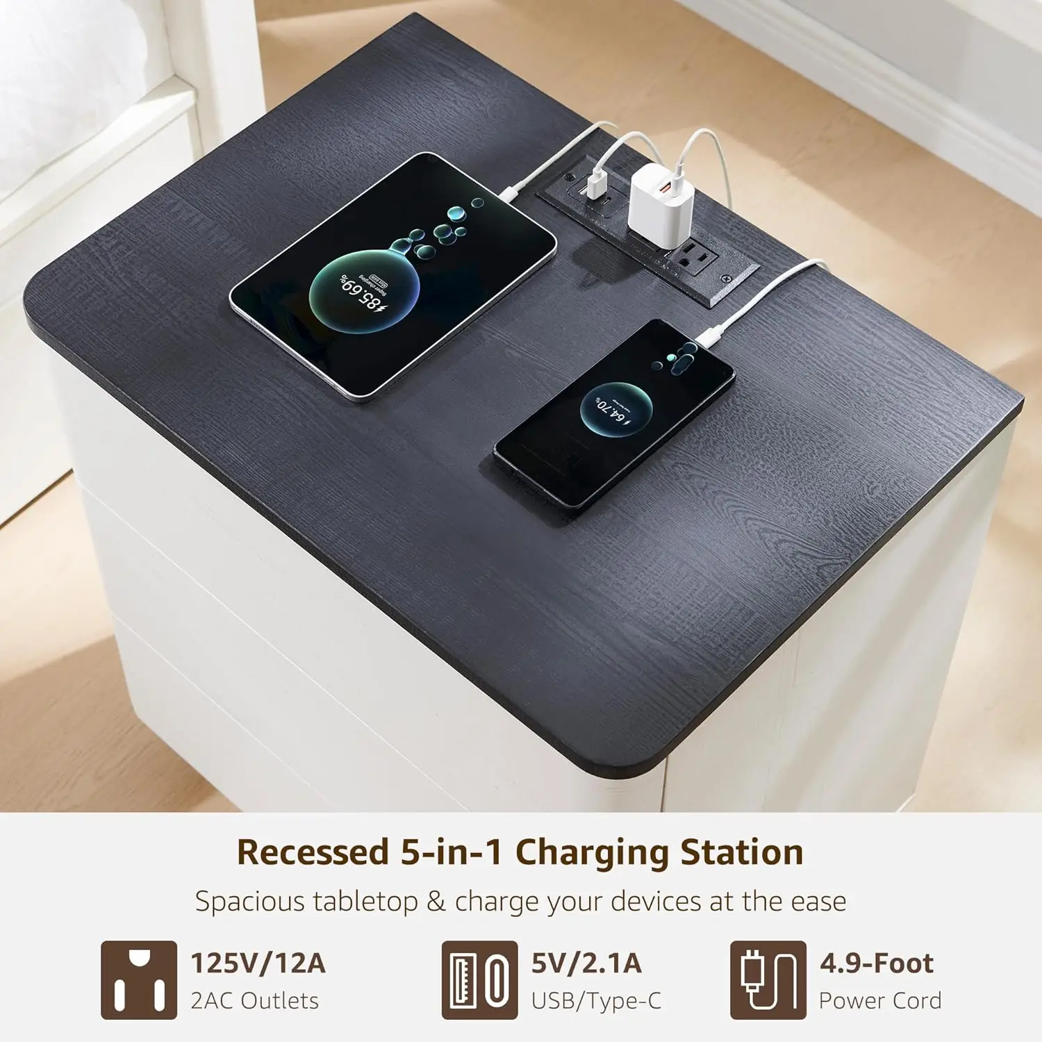 طقم منضدة حديثة مقاس 22 بوصة مكون من قطعتين مع قاعدة شحن، و3 أدراج قابلة للفتح، باللون الأبيض الفاتح #5