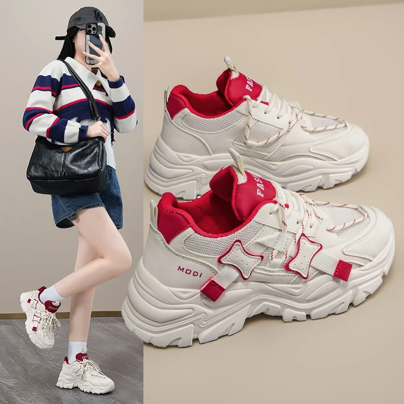 

Women's Summer New Net Surface Sports Casual Running Thick Bottom Heightening Super Popular White Dad Trendy Shoes