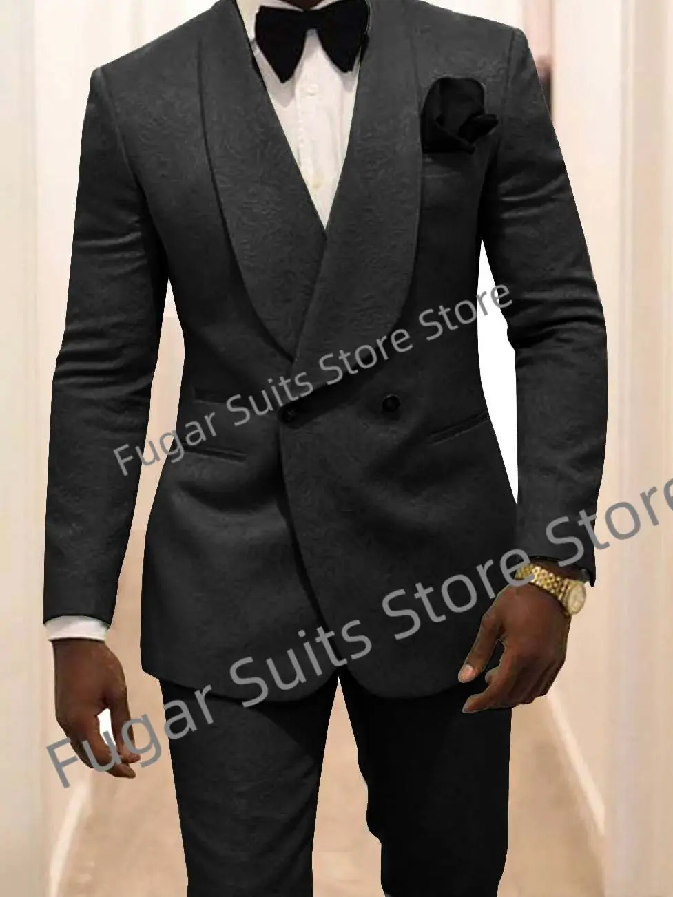 

Luxuly Black velvet Wedding Suits For Men Slim Fit Golden Shawl Lapel Groom Tuxedos 2 Pcs Sets Formal Male Blazers Costume Homme