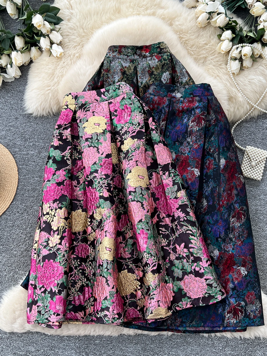 Retro Floral Embroidery A-Line Midi Skirt Women's High Waist Slimming Pleated Puffy Skirt Commute City Scenery Polyester Fiber