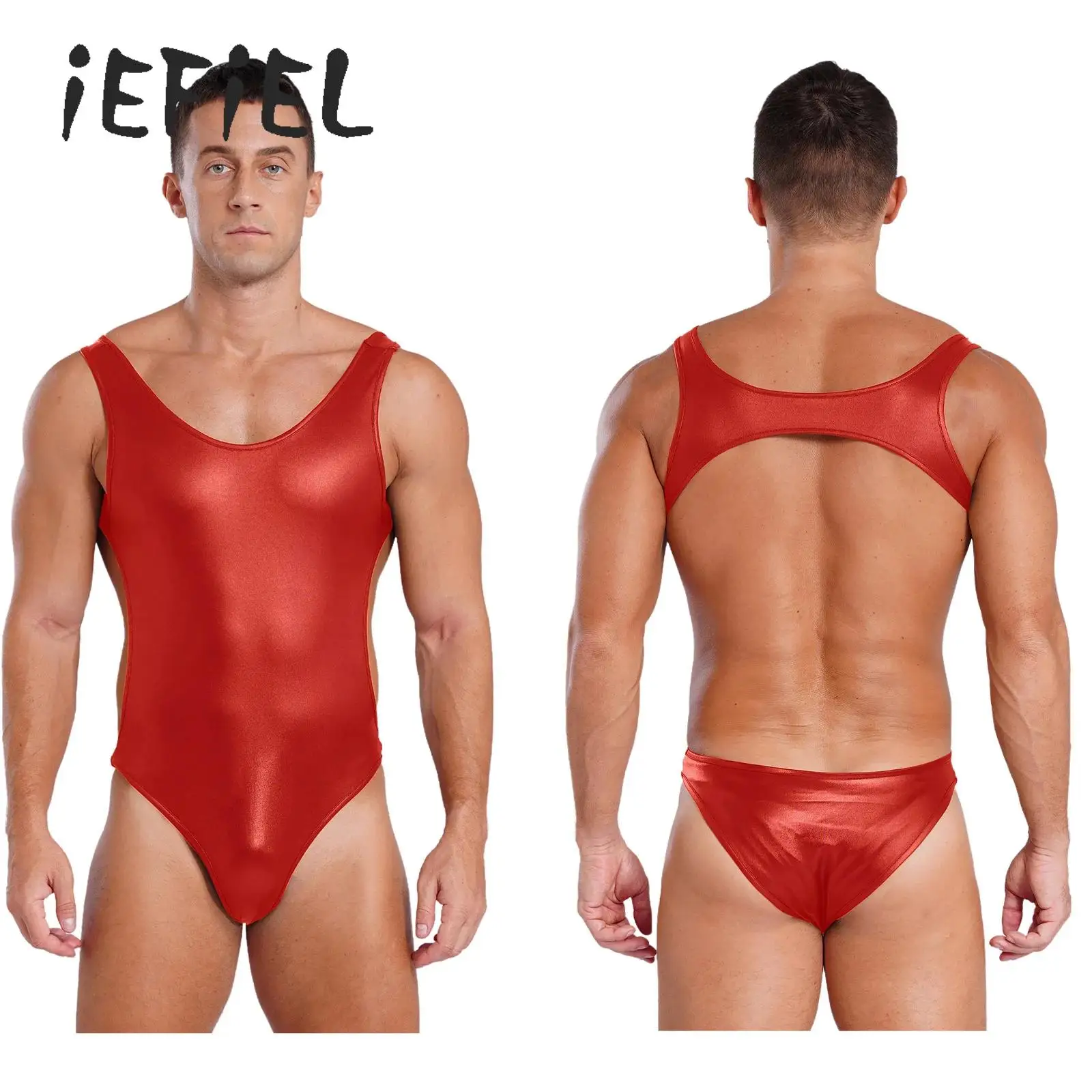 

Men's Wet Look Backless Thong Leotard Swimwear Sexy Glossy Patent Leather Bodysuit One Piece Swimsuit Elastic Bathing Suit