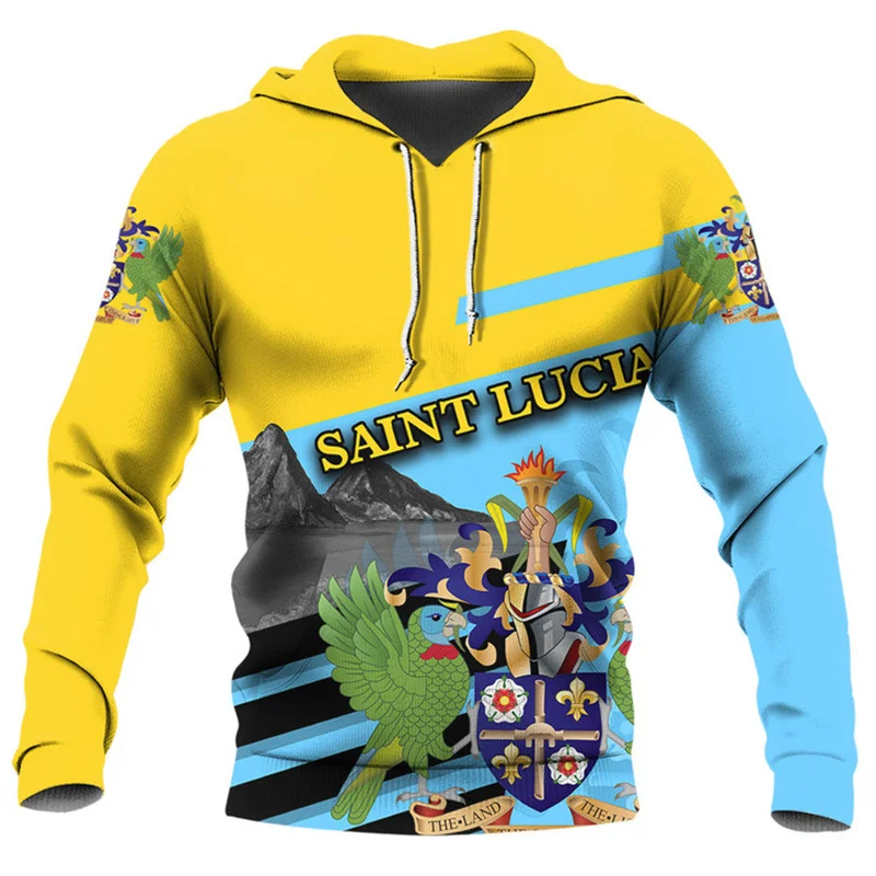 Vintage 3D Saint Lucia National Flag Map Printed Hoodies Saint Lucia Coat Of Arms Graphic Hooded Hoody Fashion Mens Clothing Top