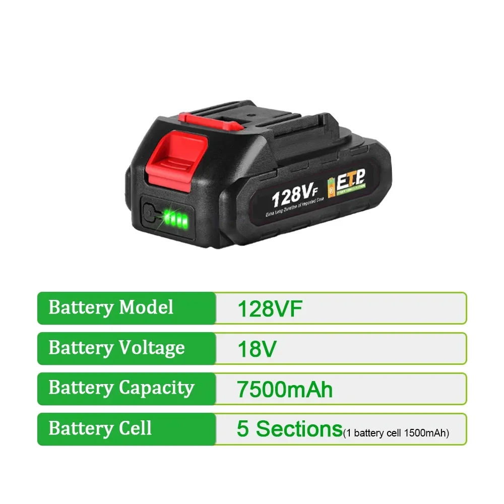 18V 128VF 7500mAh Rechargeable Lithium Ion Battery with LED Indicator for Makita 18V Cordless Electric Power Tool Battery