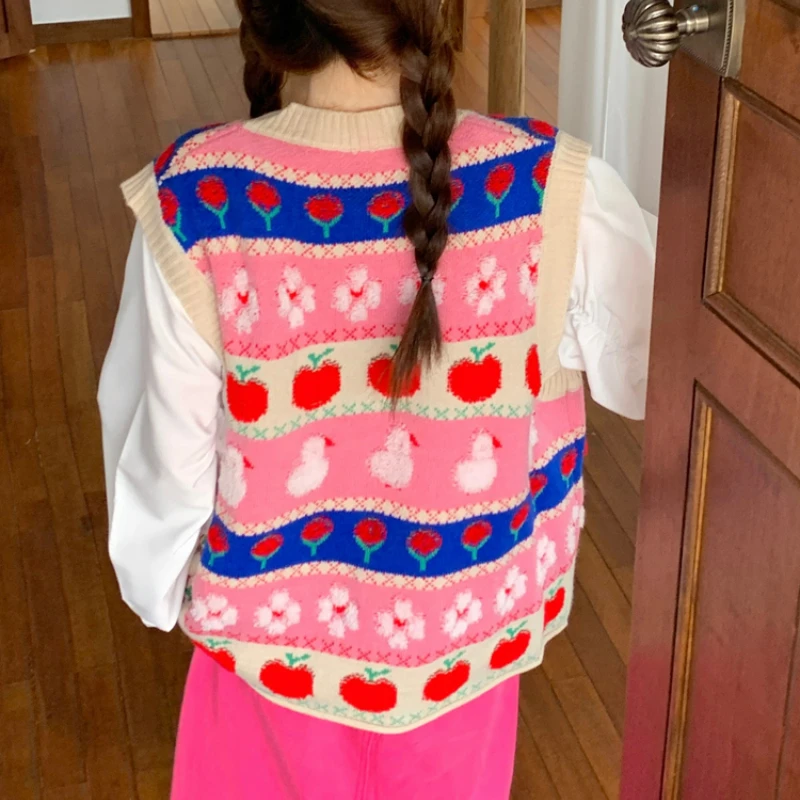 Japanese Preppy Style Kawaii Knitted Vest Women Sweet O-Neck Contrasting Colors Cartoon Waistcoat Girl Y2k Cute Pullover Sweater